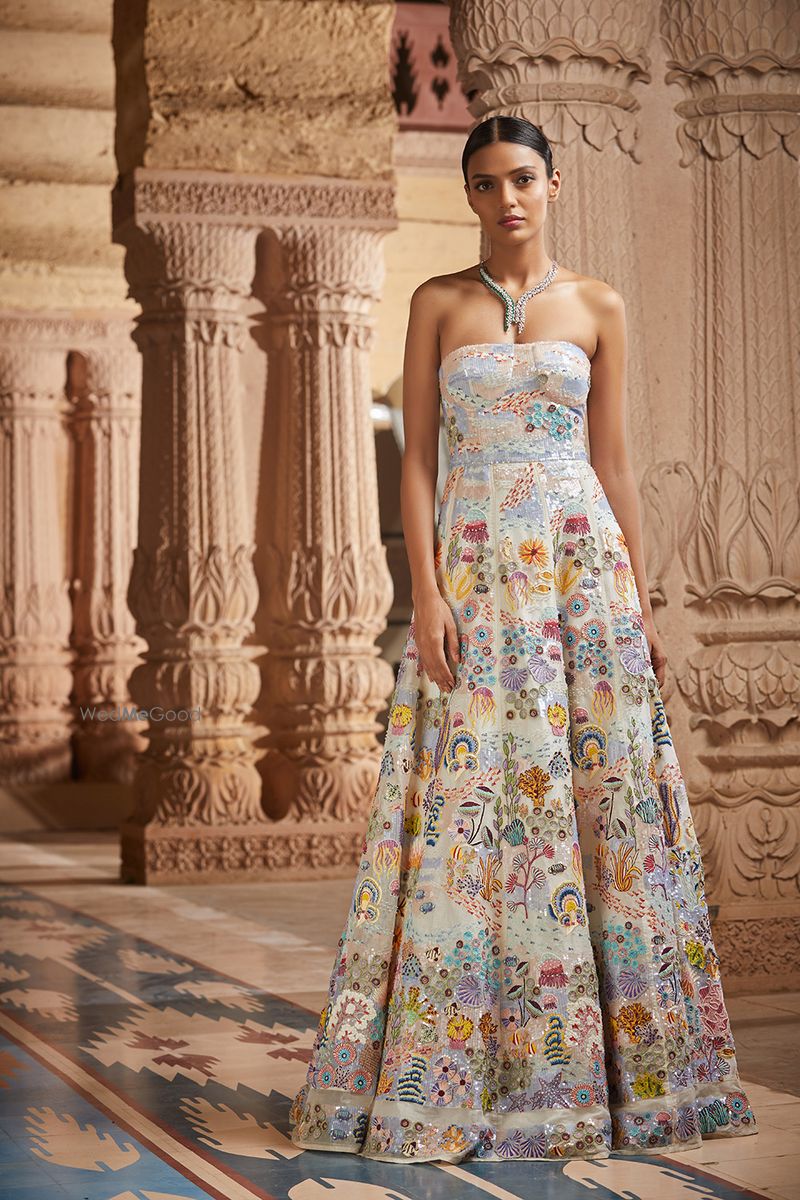 Strapless under water embroidered dress by Rahul Mishra